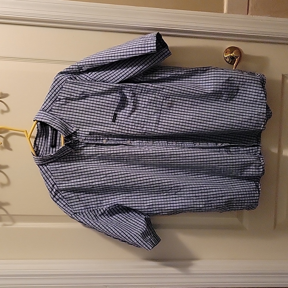 Hathaway navy & blue check button down collar shirt short sl 100% cotton sz XXL…